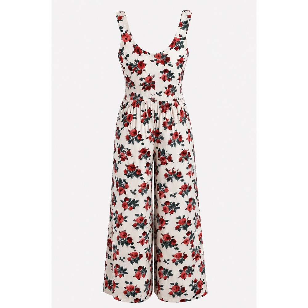 Free People Women's Floral Wide Leg Jumpsuit Size 6 Red Rose White Boho